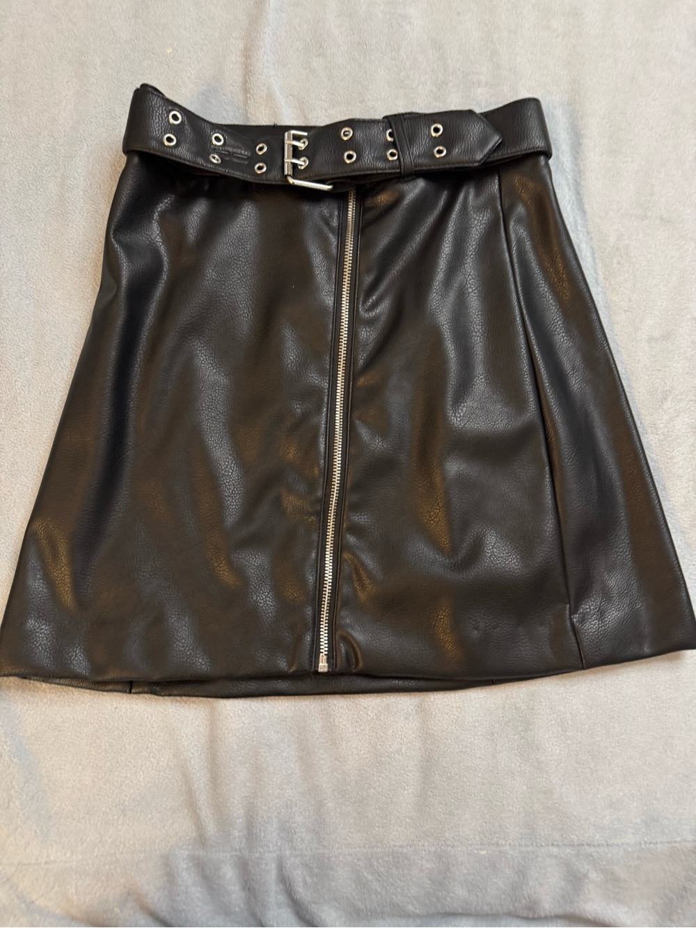 H&M Black Faux Leather Belted Midi Skirt with Front Zip
